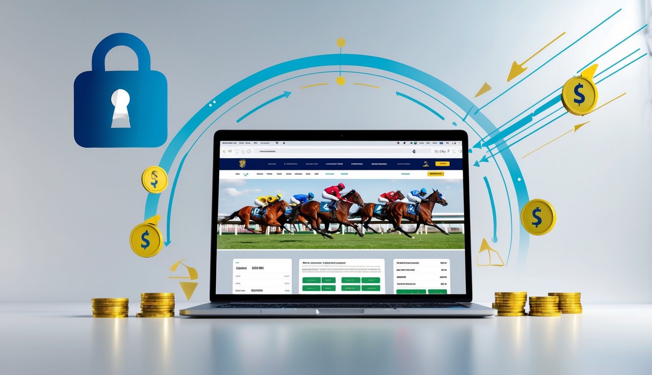 Seseorang menggunakan laptop dengan tampilan situs balap kuda online yang menunjukkan konsep deposit cepat dan aman dengan minimal deposit rendah.