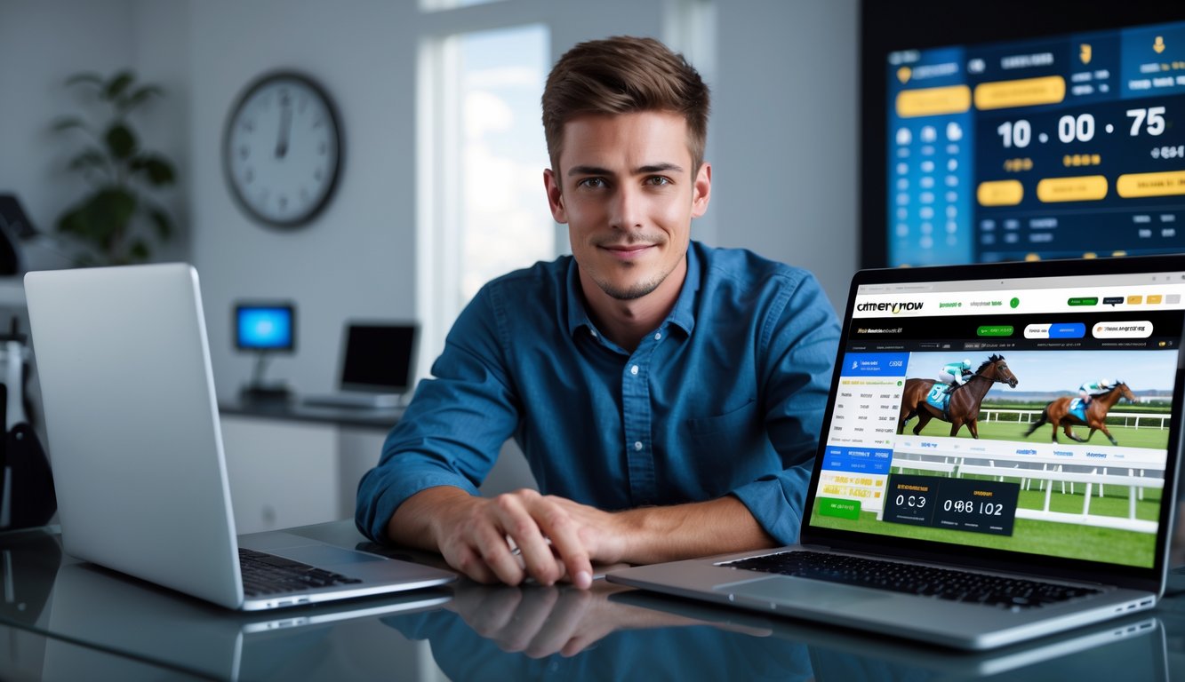 Seorang pria muda duduk di meja dengan laptop dan ponsel, menggunakan layanan taruhan balap kuda online dengan sistem pembayaran otomatis.