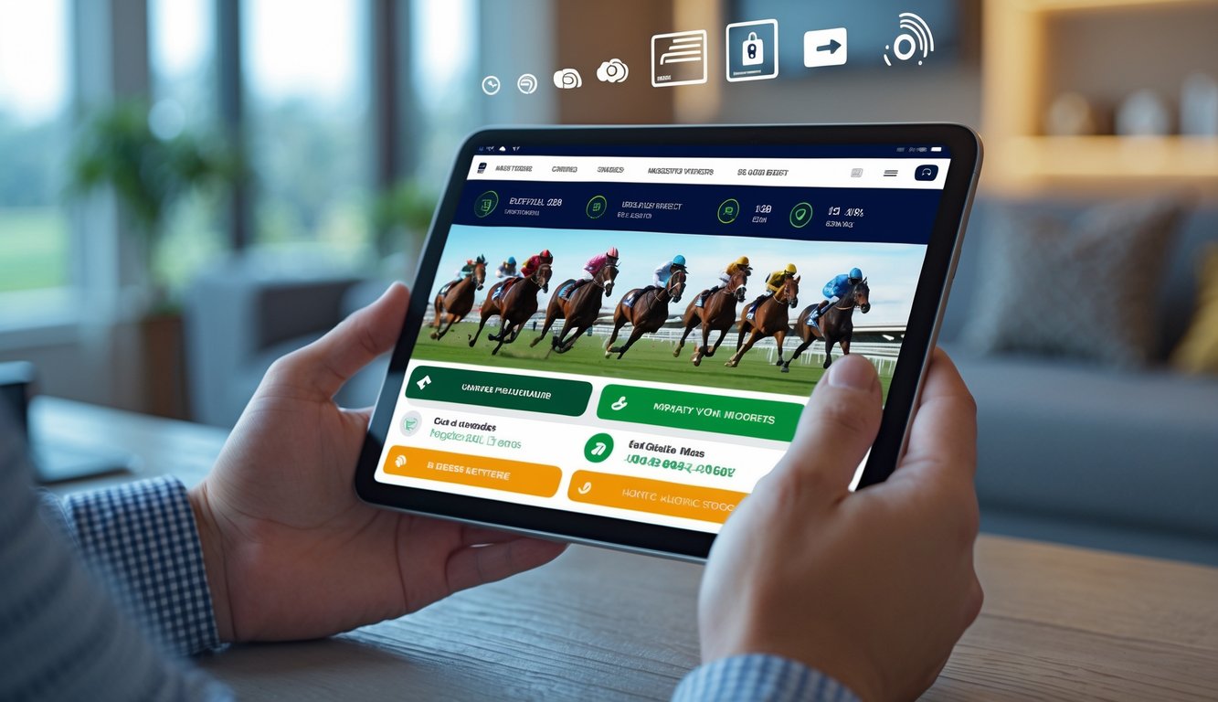 Seseorang menggunakan perangkat digital untuk memasang taruhan balap kuda online dengan latar belakang ruangan yang nyaman.