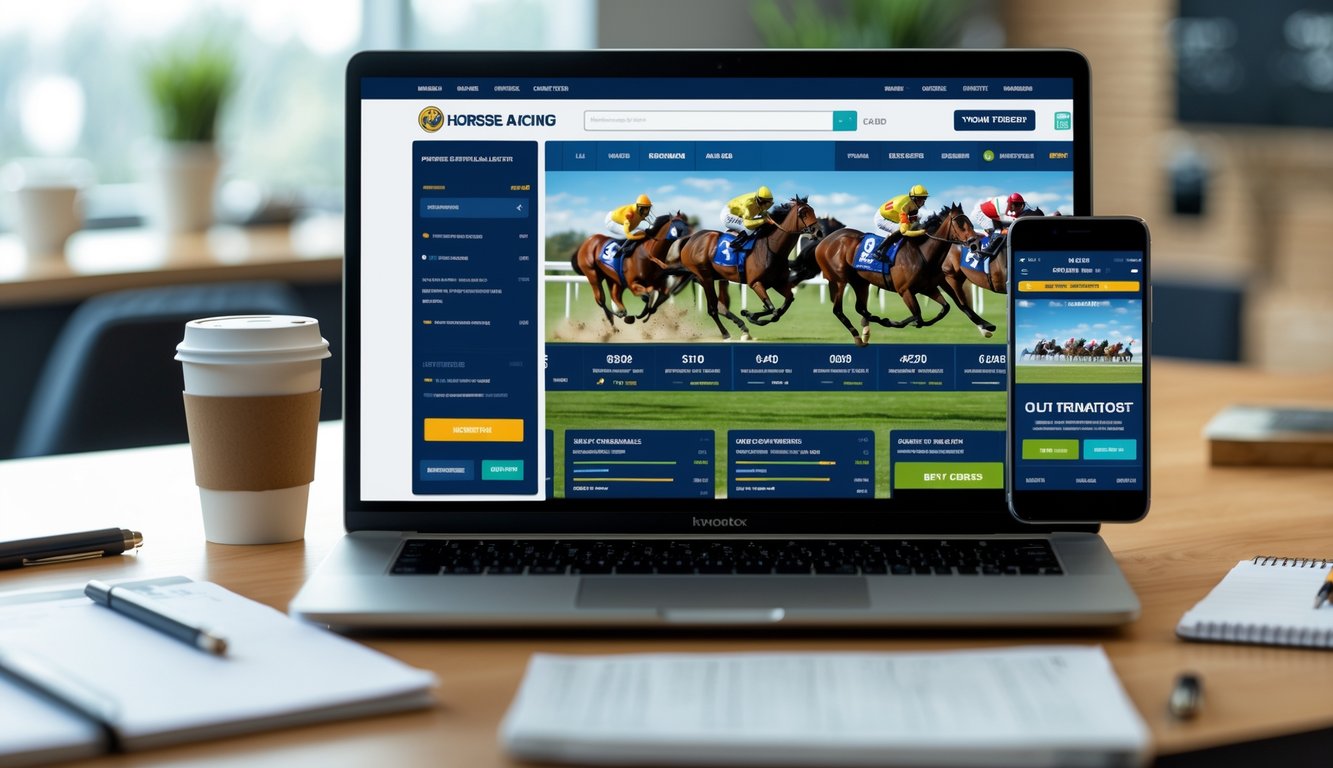 Seorang pengguna sedang melakukan taruhan balap kuda online dengan laptop dan ponsel di meja kerja.