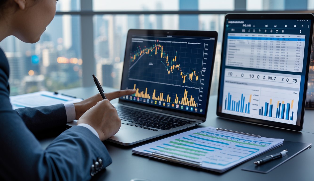 Meja kerja modern dengan perangkat digital dan tangan seseorang sedang menganalisis pola angka di layar komputer.