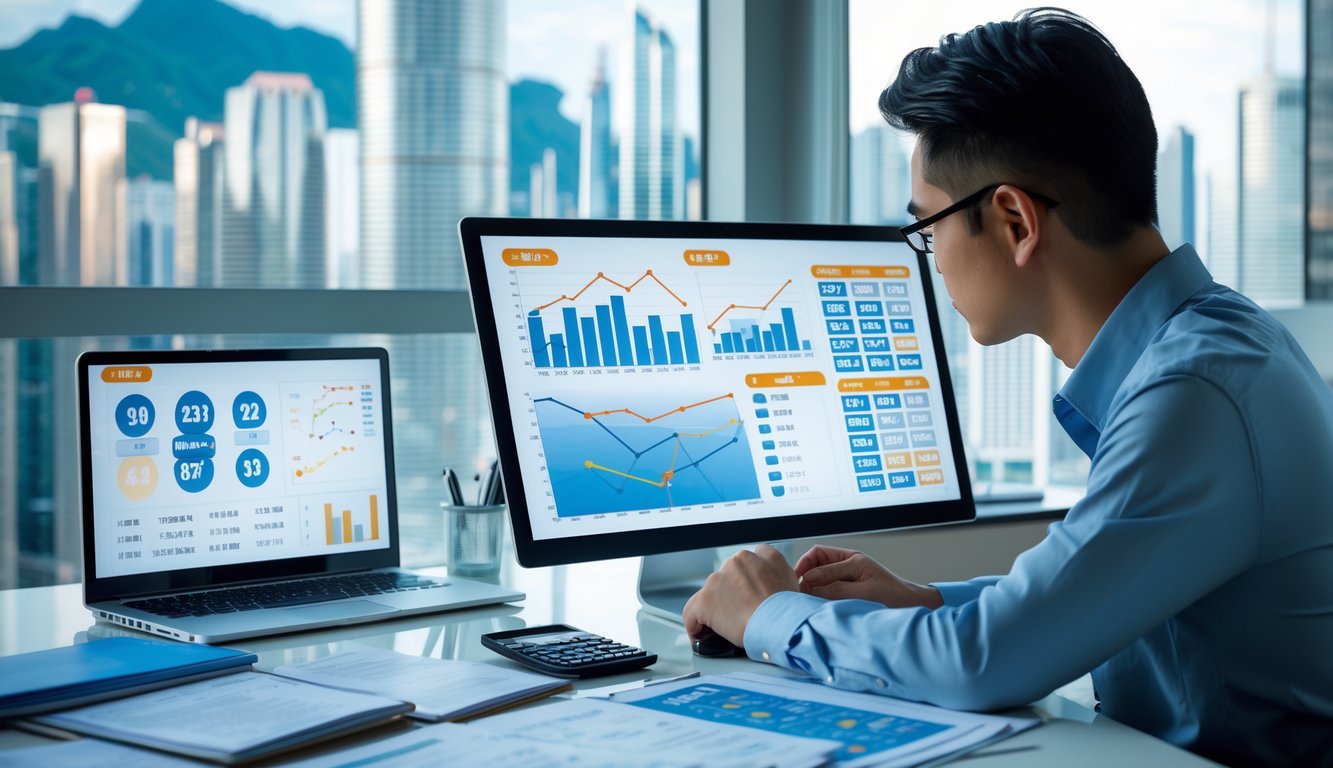 Seorang pria sedang menganalisis pola angka pada layar komputer dan kertas di meja kerja dengan latar belakang kota Macau.