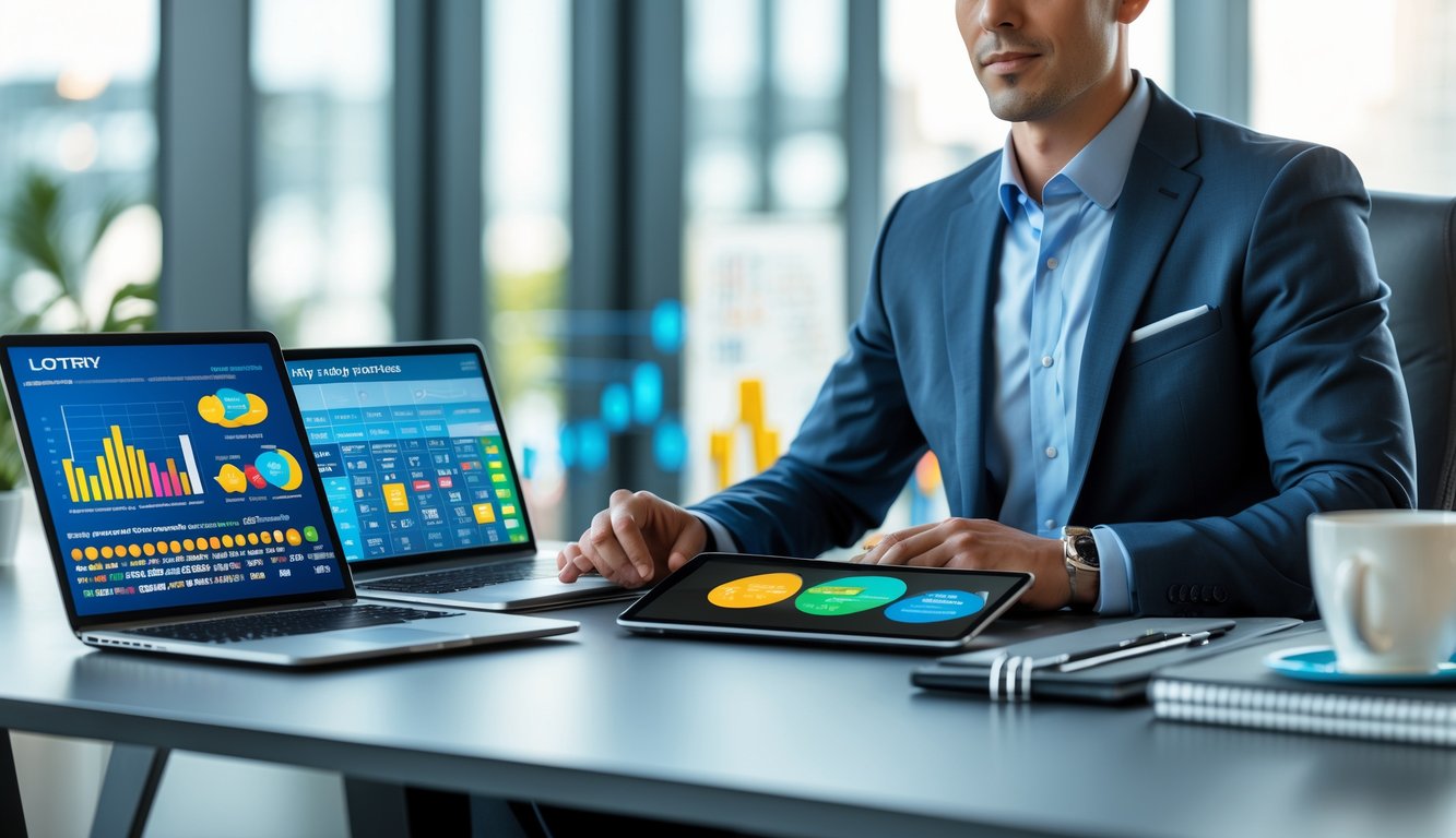 Seorang profesional sedang menganalisis data statistik harian di meja kerja dengan laptop dan tablet, dikelilingi alat tulis dan cahaya alami dari jendela besar.