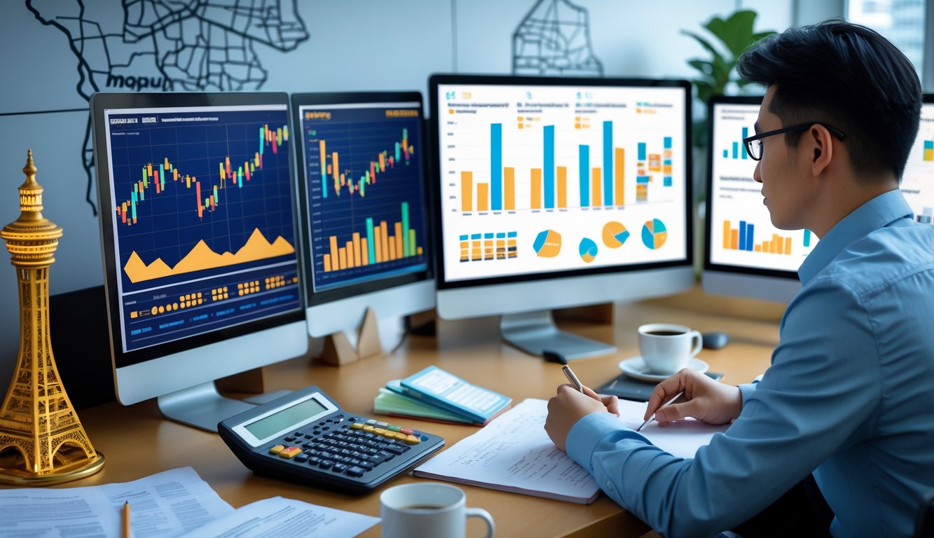 Seorang individu sedang menganalisis grafik dan data statistik di depan beberapa layar komputer dalam sebuah kantor modern.