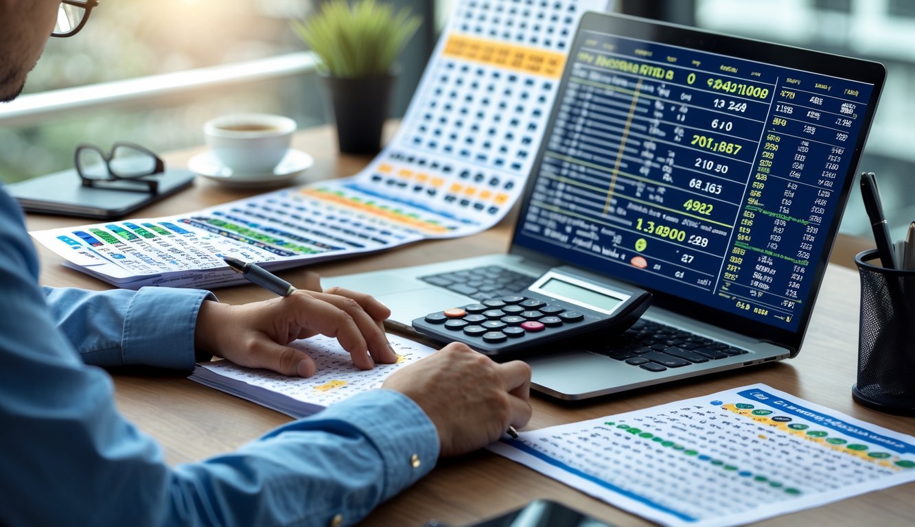 Orang sedang menganalisis data keluaran togel Macau dengan laptop, kalkulator, dan catatan di meja kerja.