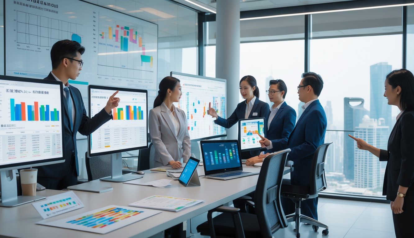 Beberapa profesional sedang menganalisis data keluaran togel Macau di sebuah kantor modern dengan komputer dan grafik.