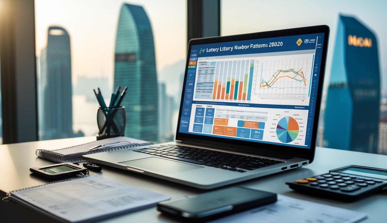 Meja kerja dengan laptop, buku catatan, dan kalkulator di depan jendela yang memperlihatkan pemandangan kota Macau.