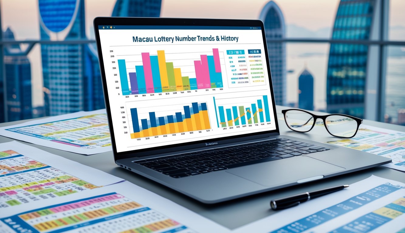 Meja kantor dengan laptop yang menampilkan grafik angka dan dokumen data, latar belakang menunjukkan pemandangan kota Macau.