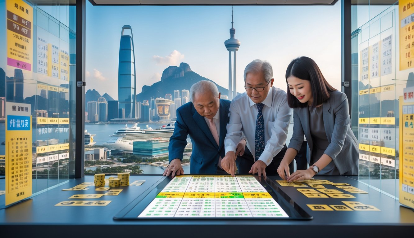 Pemandangan kota Macau dengan orang-orang yang sedang menganalisis data angka togel di depan layar digital.