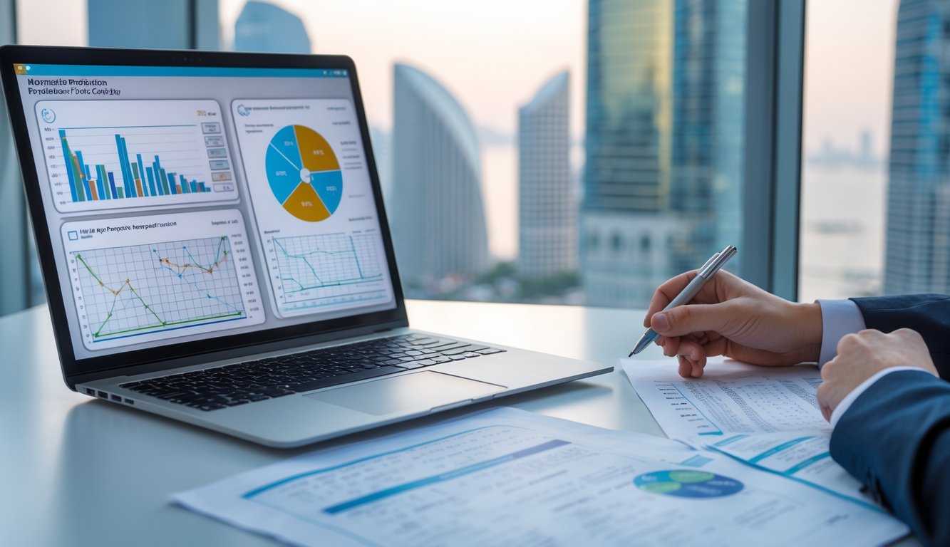 Meja kerja dengan laptop yang menampilkan rumus matematika dan grafik, tangan seseorang menunjuk pada rumus, dengan pemandangan kota Macau di latar belakang.