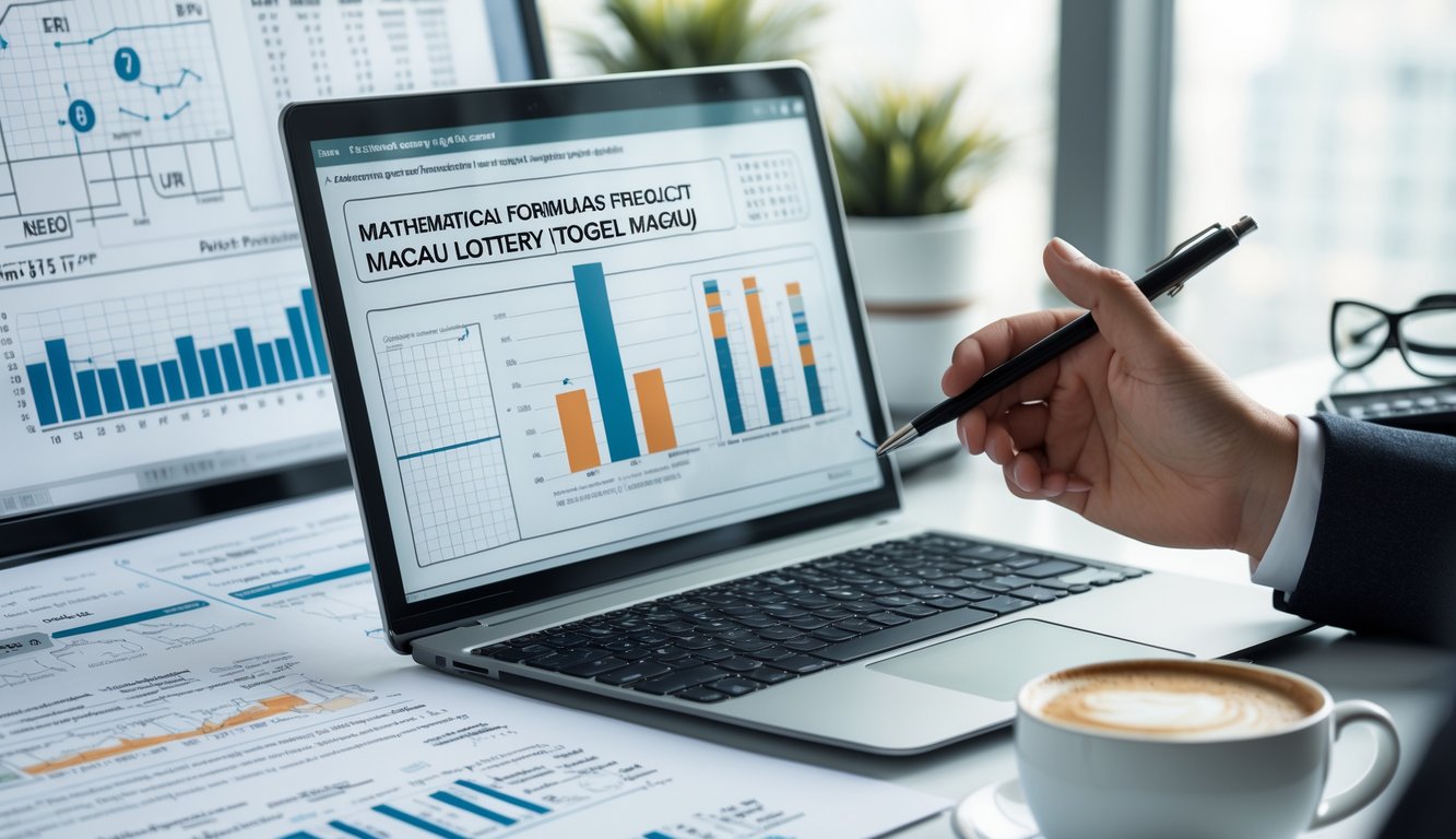 Meja kerja dengan laptop yang menampilkan rumus matematika dan grafik, serta tangan yang memegang pena di dekat kertas dengan angka dan formula.