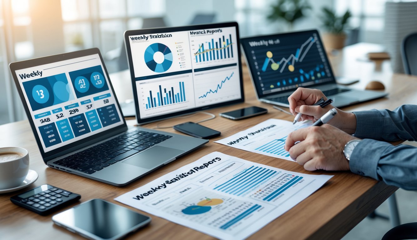 Meja kerja dengan laptop yang menampilkan grafik dan laporan statistik mingguan, tangan seseorang menunjuk layar, suasana kantor yang rapi dan terang.
