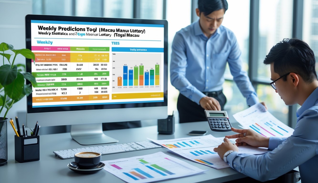 Seseorang sedang menganalisis data statistik mingguan di meja kerja dengan komputer dan dokumen di kantor yang terang.