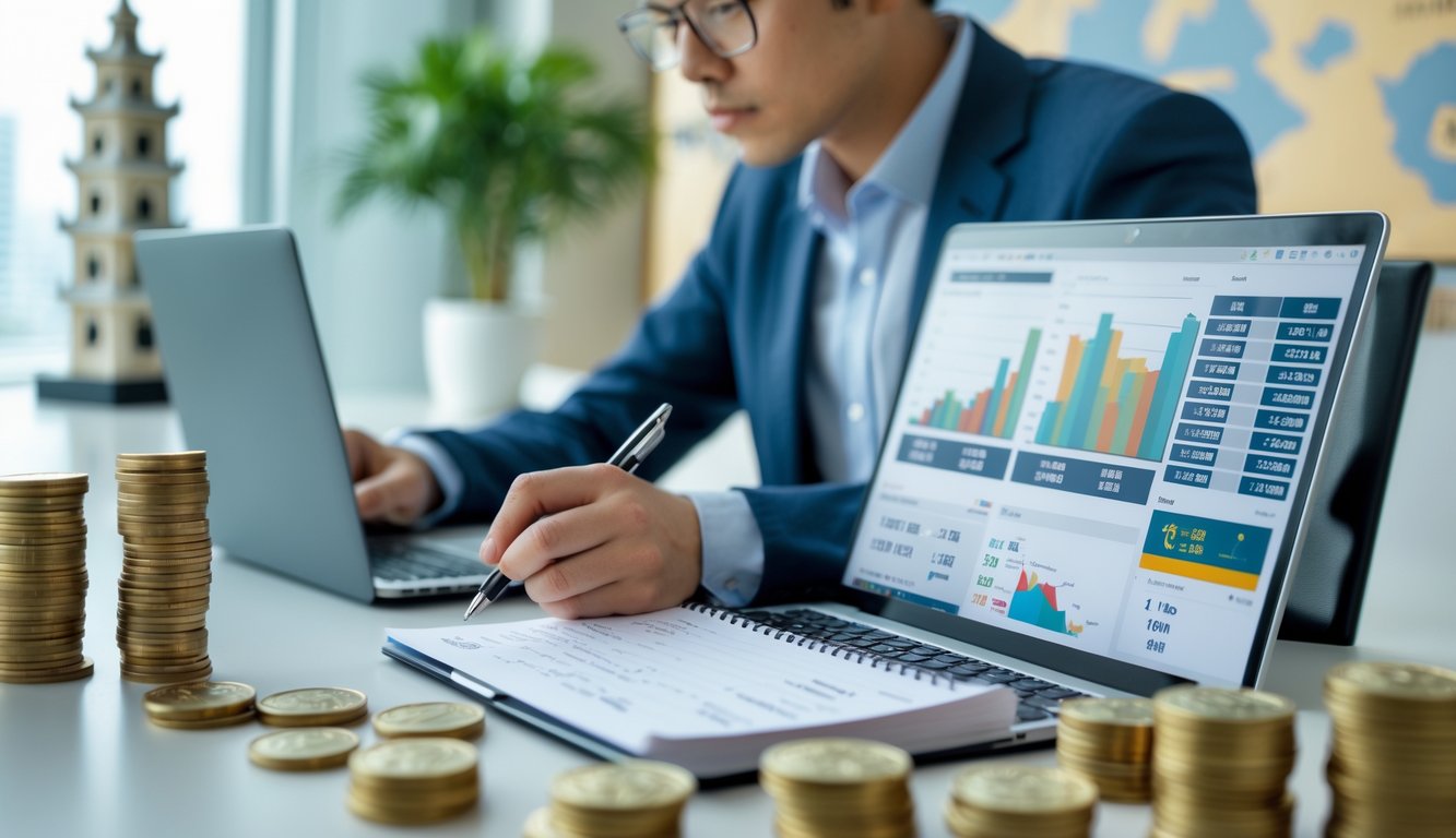 Seseorang sedang menganalisis data keuangan dengan laptop, catatan, dan uang di atas meja dalam suasana kantor yang rapi.