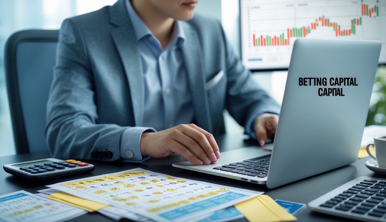 Seorang individu sedang duduk di meja kerja dengan laptop, kalkulator, dan catatan, fokus mengelola modal untuk bermain Togel Macau.