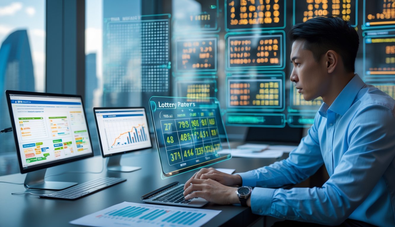 Seorang analis sedang memeriksa data angka dan grafik di layar komputer di sebuah kantor modern.