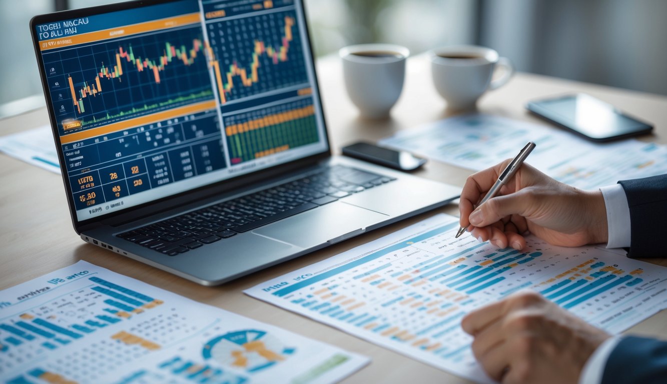 Meja kerja dengan laptop, kertas berisi angka dan grafik, serta tangan yang menunjuk pada salah satu kertas.