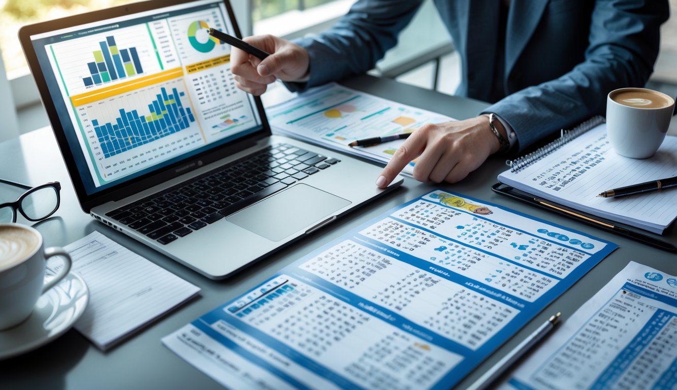 Meja kerja dengan laptop dan kertas berisi data angka, tangan seseorang menunjuk data dengan pena, suasana fokus dan analisis.