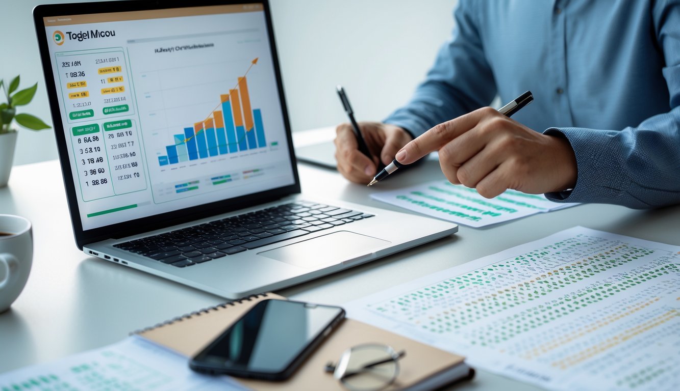 Seorang profesional sedang menganalisis data angka togel Macau di depan laptop dengan dokumen angka di atas meja.