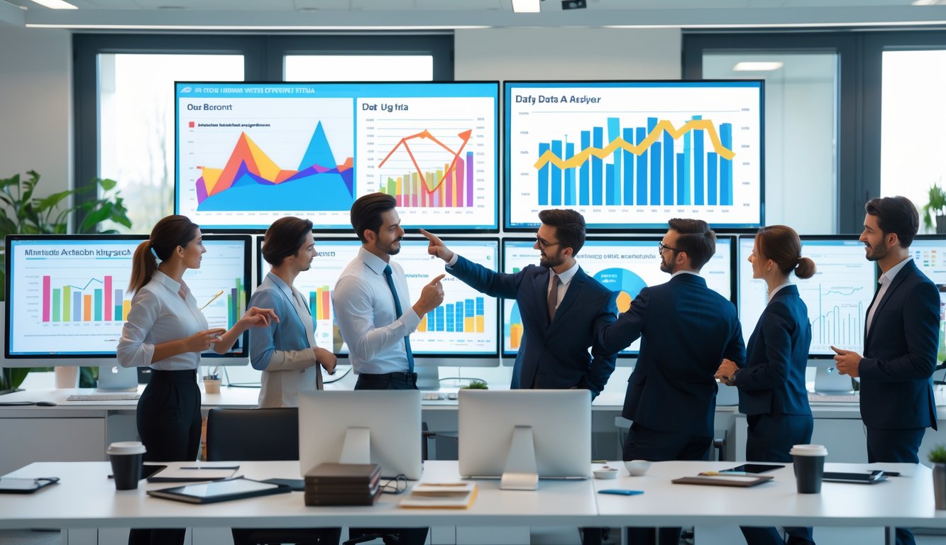 Sekelompok profesional sedang berdiskusi di kantor modern dengan layar komputer menampilkan grafik data harian dari tahun 2020 hingga 2026.