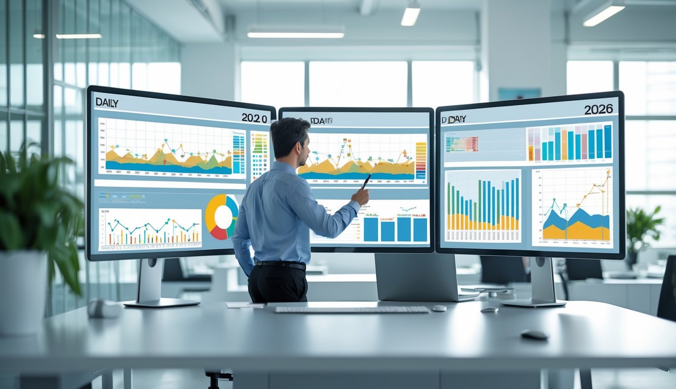 Seseorang sedang menganalisis grafik dan data pada layar komputer di ruang kantor modern.