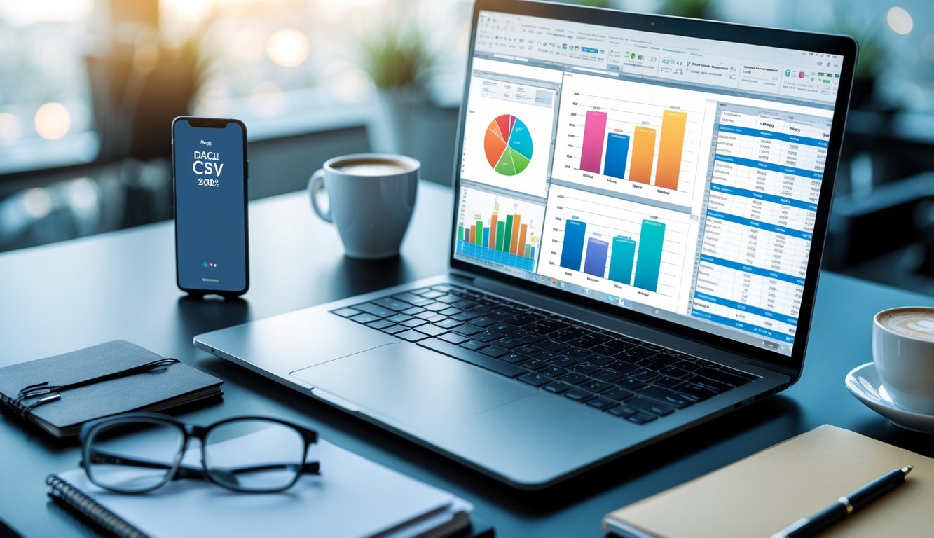 Meja kerja dengan laptop yang menampilkan grafik dan smartphone dengan indikator unduhan, dikelilingi alat tulis dan cangkir kopi.