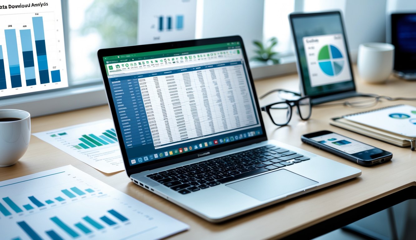 Meja kerja modern dengan laptop yang menampilkan spreadsheet data, grafik cetak, dan ponsel yang menunjukkan aplikasi data.