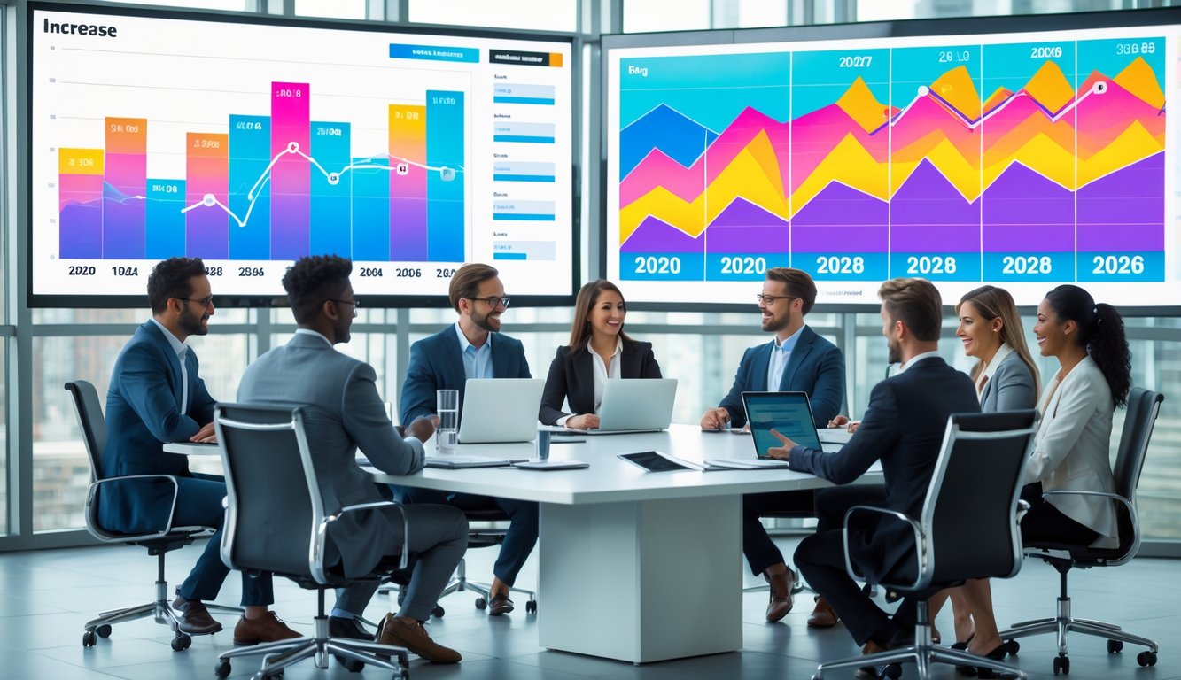 Sekelompok profesional sedang berdiskusi di ruang kantor dengan grafik dan diagram tren data di layar besar.