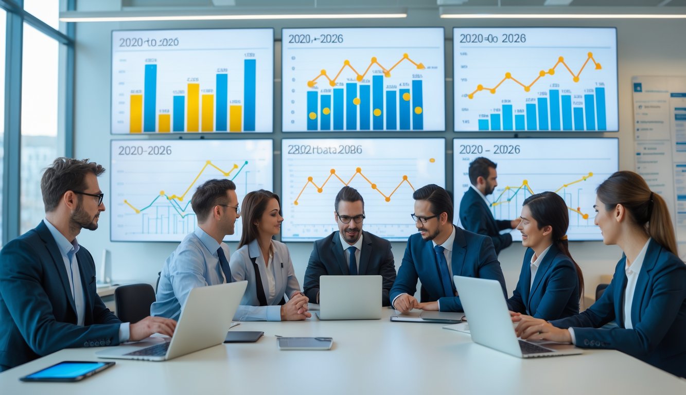 Sekelompok profesional sedang menganalisis grafik dan data statistik di ruang kantor modern.