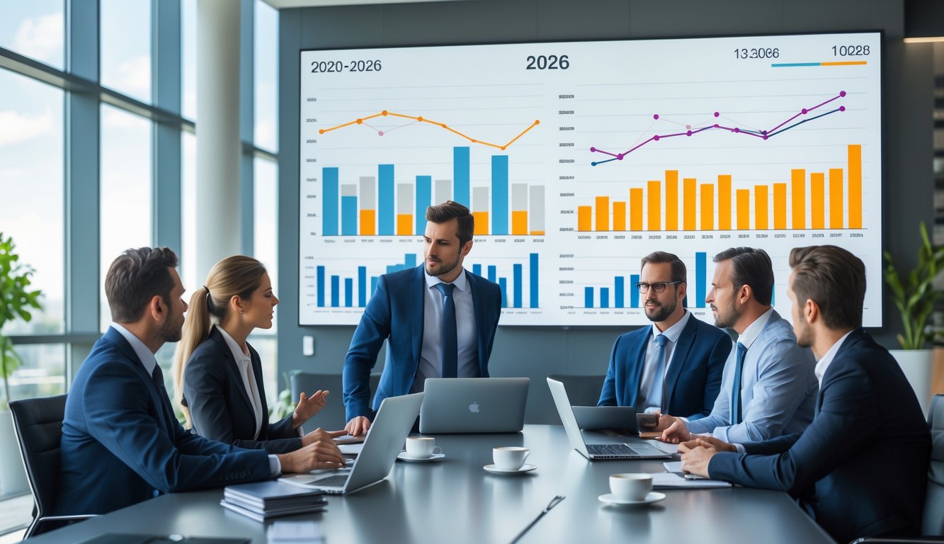 Beberapa profesional bisnis sedang berdiskusi di ruang konferensi dengan layar besar yang menampilkan grafik data perbandingan dari tahun 2020 hingga 2026.
