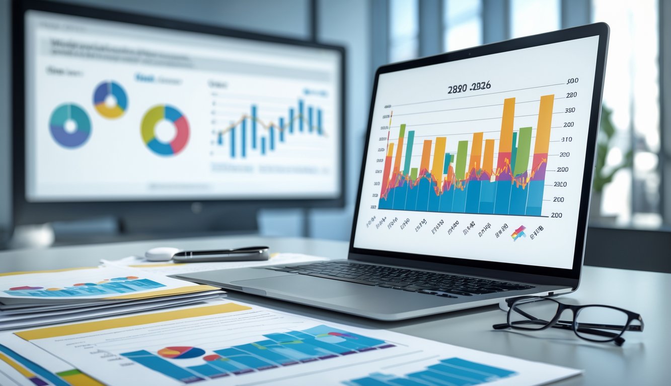Suasana ruang kerja modern dengan laptop yang menampilkan grafik data dan dokumen tertata rapi di atas meja.