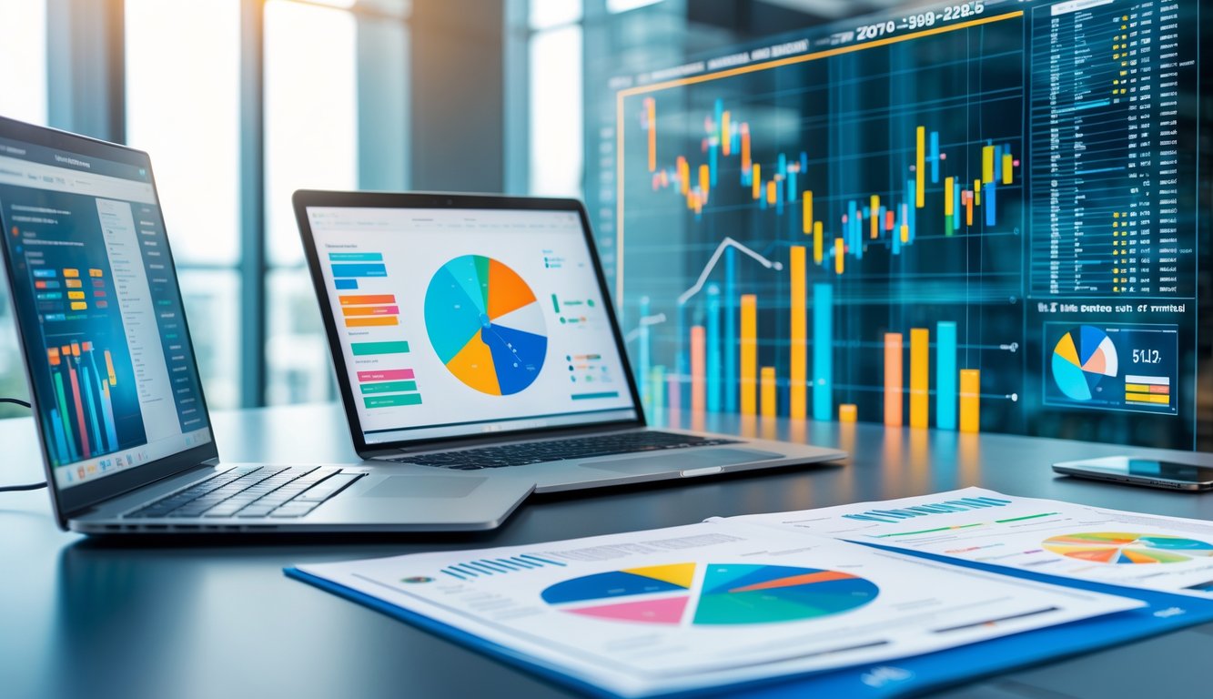 Meja kerja modern dengan perangkat digital menampilkan grafik dan data statistik, serta dokumen yang tersebar rapi di sekitar.