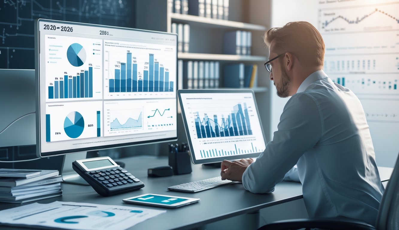 Seorang profesional sedang bekerja di meja dengan komputer yang menampilkan grafik dan data statistik, dikelilingi dokumen dan alat analisis data.