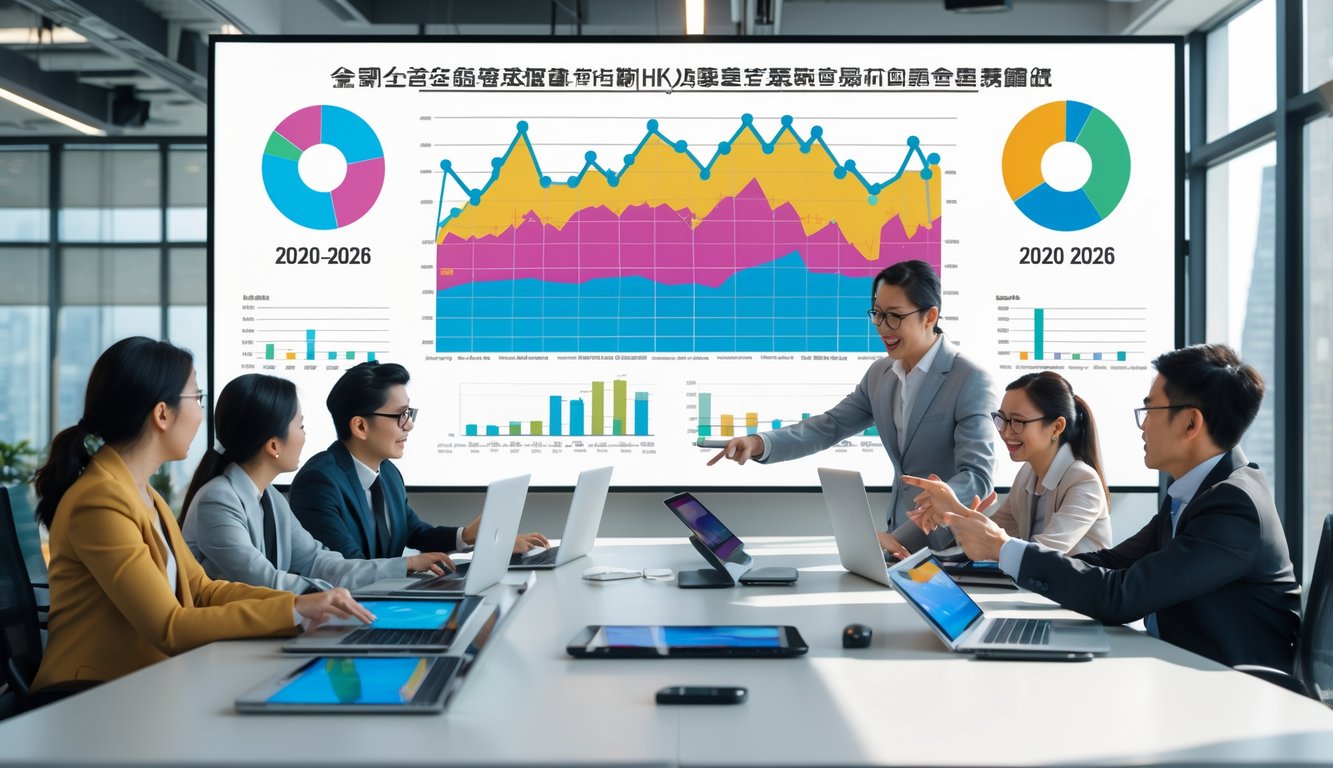 Sekelompok profesional bekerja bersama di ruang kantor modern dengan layar besar menampilkan grafik dan data yang rumit.