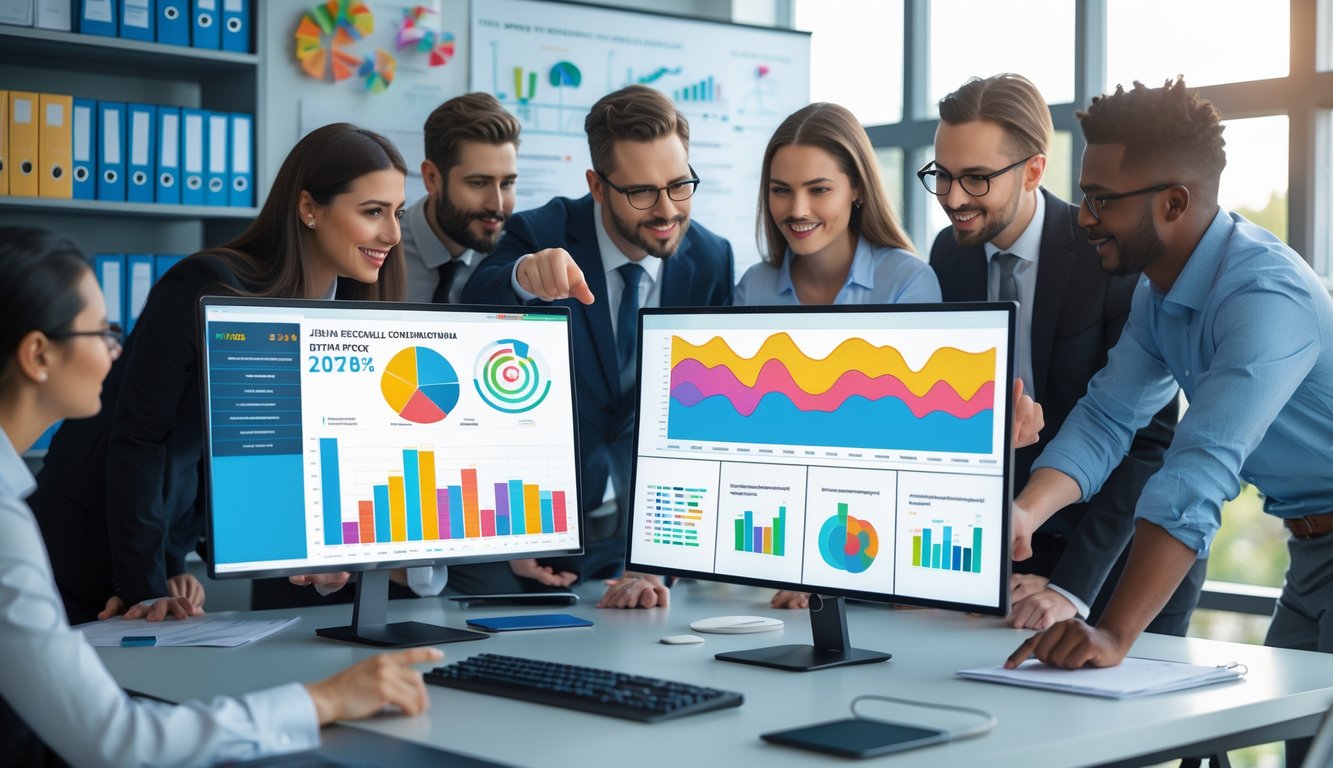 Beberapa profesional sedang bekerja sama di ruang kantor dengan komputer yang menampilkan grafik dan tabel data.