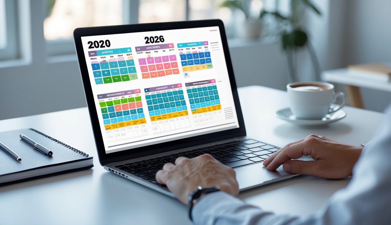 Meja kerja modern dengan laptop yang menampilkan kalender dan grafik data, dilengkapi dengan buku catatan dan secangkir kopi.