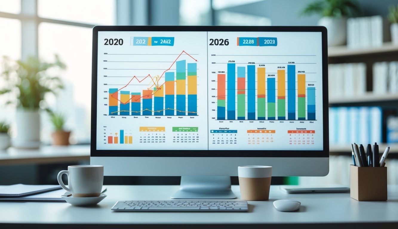Sebuah ruang kerja kantor dengan monitor komputer menampilkan grafik dan data statistik dari tahun 2020 hingga 2026.