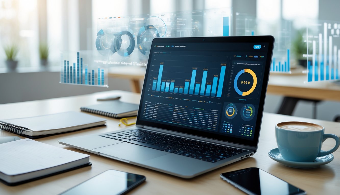 Meja kerja modern dengan laptop menampilkan grafik data, notebook, ponsel, dan secangkir kopi di kantor terang.