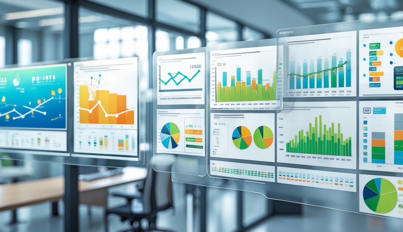 Beberapa layar digital menampilkan grafik, tabel, dan statistik lengkap dari tahun 2020 hingga 2026 dalam sebuah ruangan kantor modern.