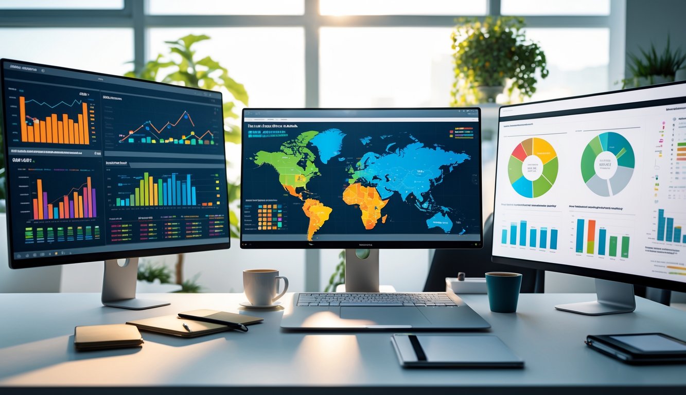 Ruang kerja modern dengan beberapa layar komputer menampilkan grafik dan tabel data statistik dari tahun 2020 hingga 2026.