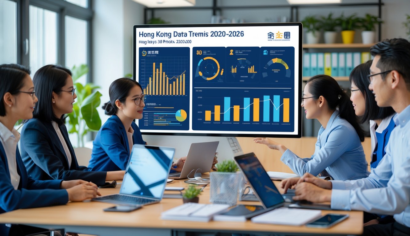 Sekelompok profesional sedang berdiskusi di ruang kantor dengan layar digital besar yang menampilkan grafik dan data.