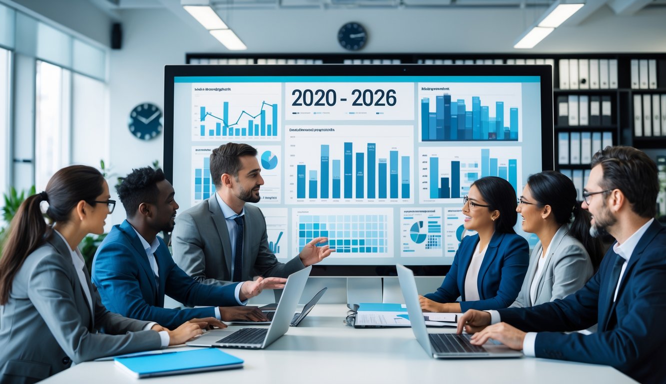 Beberapa profesional bekerja sama di kantor dengan layar digital menampilkan grafik dan data untuk analisa jangka panjang.