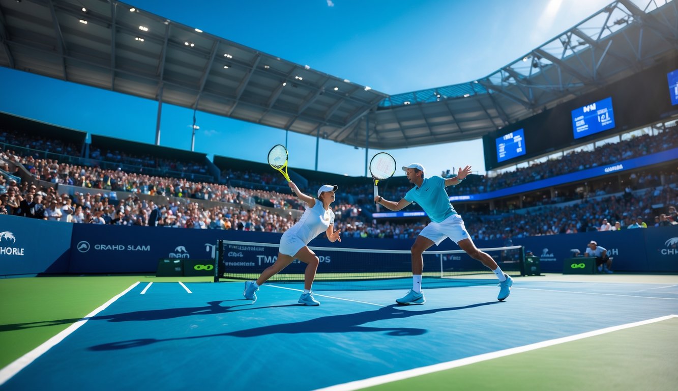 Dua pemain tenis sedang bertanding di lapangan Grand Slam yang penuh penonton, dengan langit cerah dan suasana kompetitif.