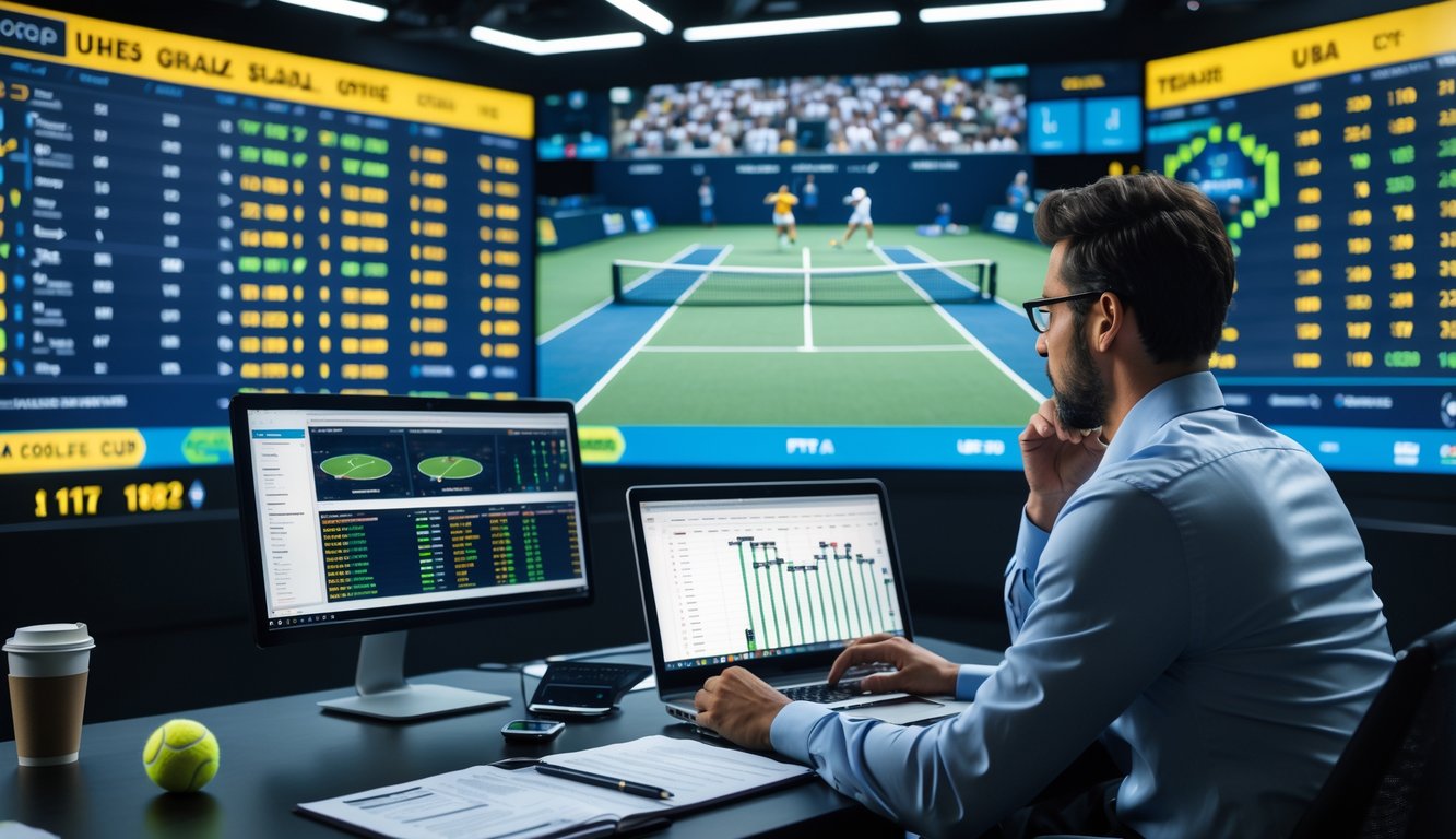 Seorang analis olahraga sedang bekerja dengan layar yang menampilkan statistik tenis dan pertandingan Grand Slam yang sedang berlangsung.