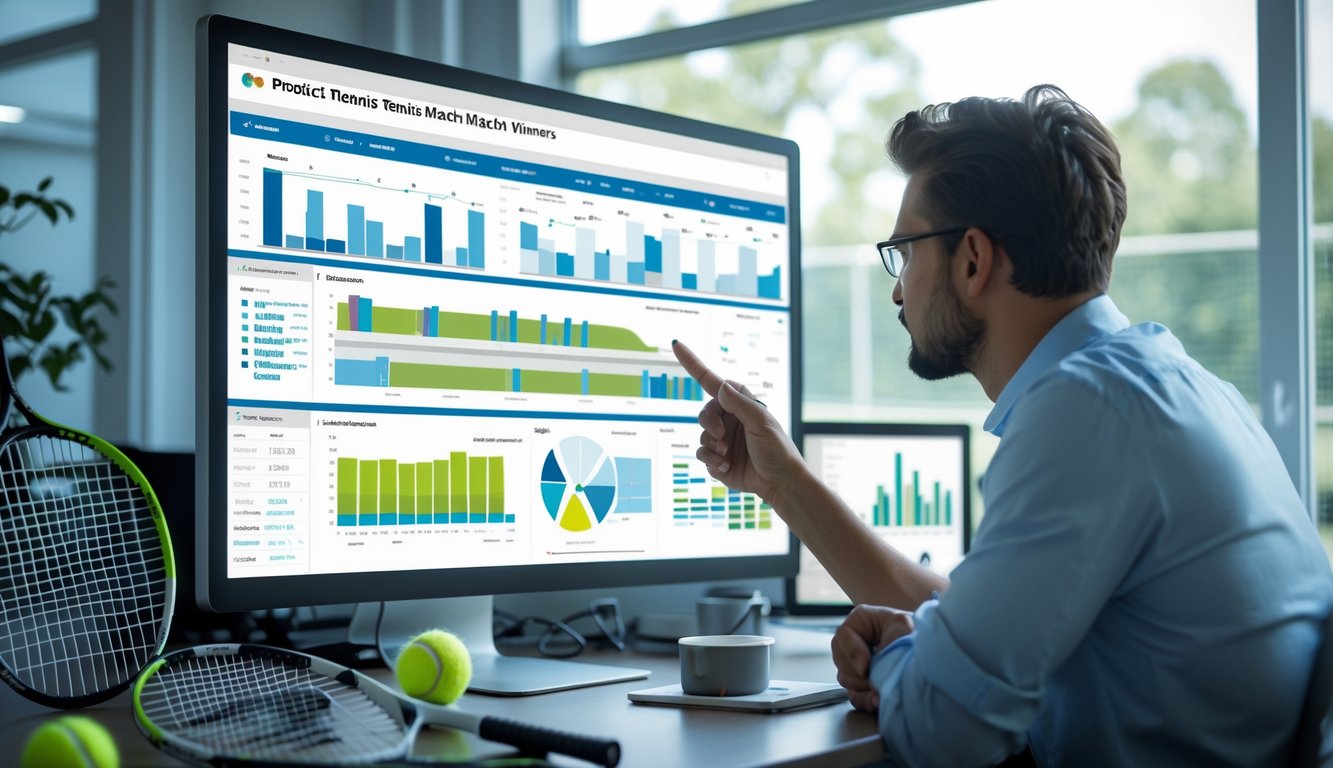 Dua analis olahraga sedang berdiskusi di depan layar komputer yang menampilkan statistik pemain tenis dan grafik, dengan perlengkapan tenis di latar belakang.
