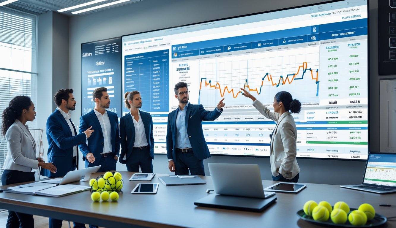 Sekelompok analis olahraga sedang melihat layar besar yang menampilkan statistik pemain tenis dan grafik di sebuah ruangan kerja modern.