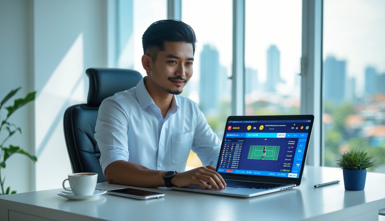 Seorang pria Indonesia duduk di meja kerja dengan laptop yang menampilkan pertandingan tenis, suasana kantor modern dengan pemandangan kota di latar belakang.