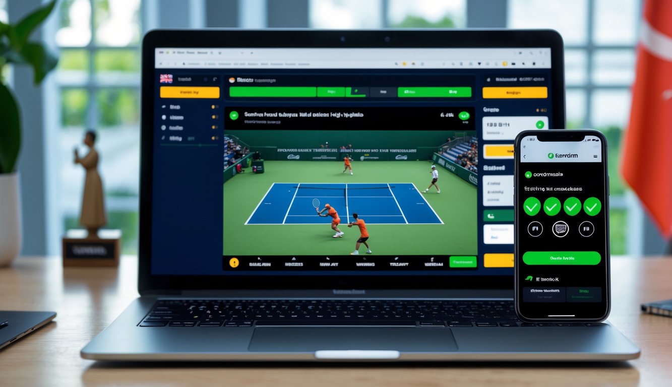 Meja kerja modern dengan laptop yang menampilkan pertandingan tenis dan ponsel yang menunjukkan aplikasi taruhan tenis online yang aman.