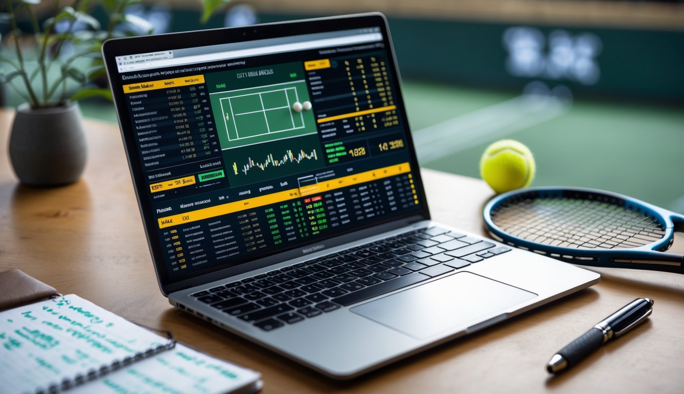 Meja kerja dengan laptop yang menampilkan statistik tenis dan peluang taruhan, notebook dengan catatan, serta raket dan bola tenis di latar belakang.