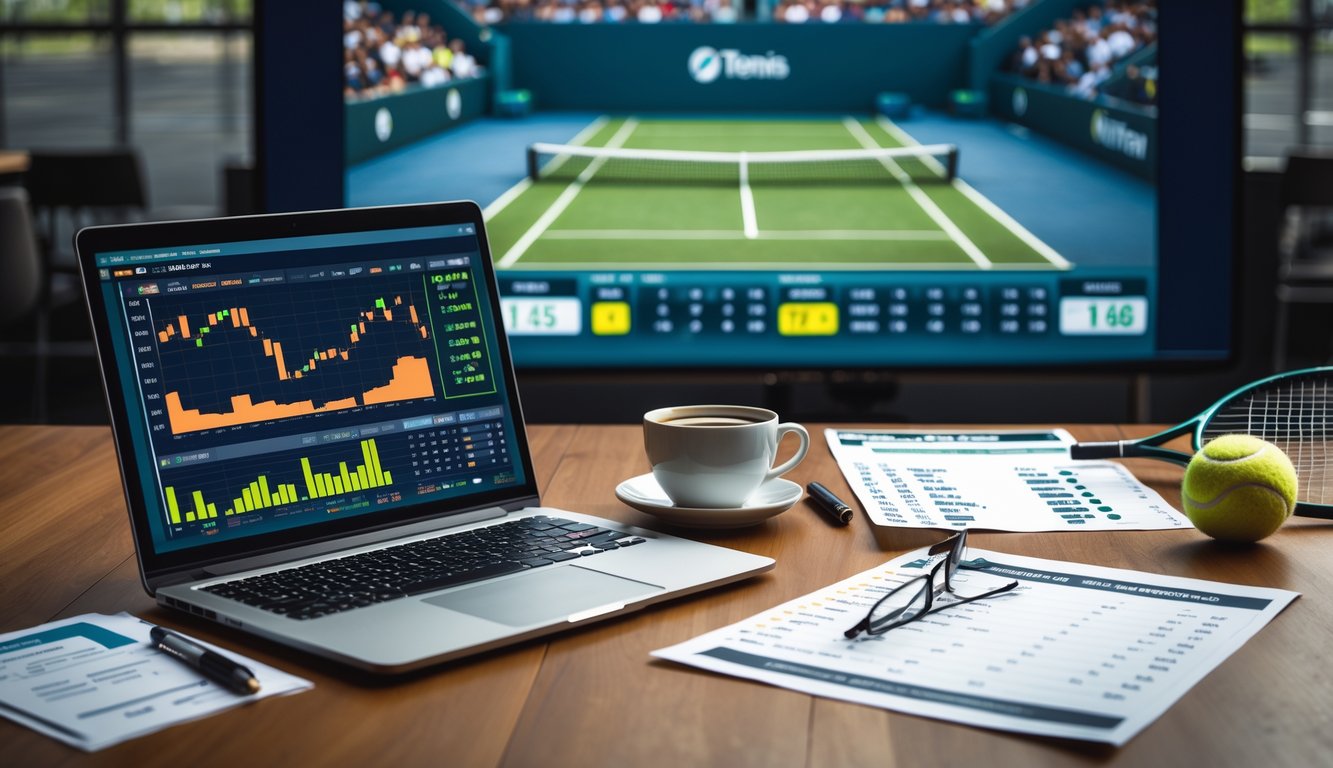 Meja kerja dengan laptop yang menampilkan statistik tenis, kertas taruhan, dan layar besar yang menayangkan pertandingan tenis.